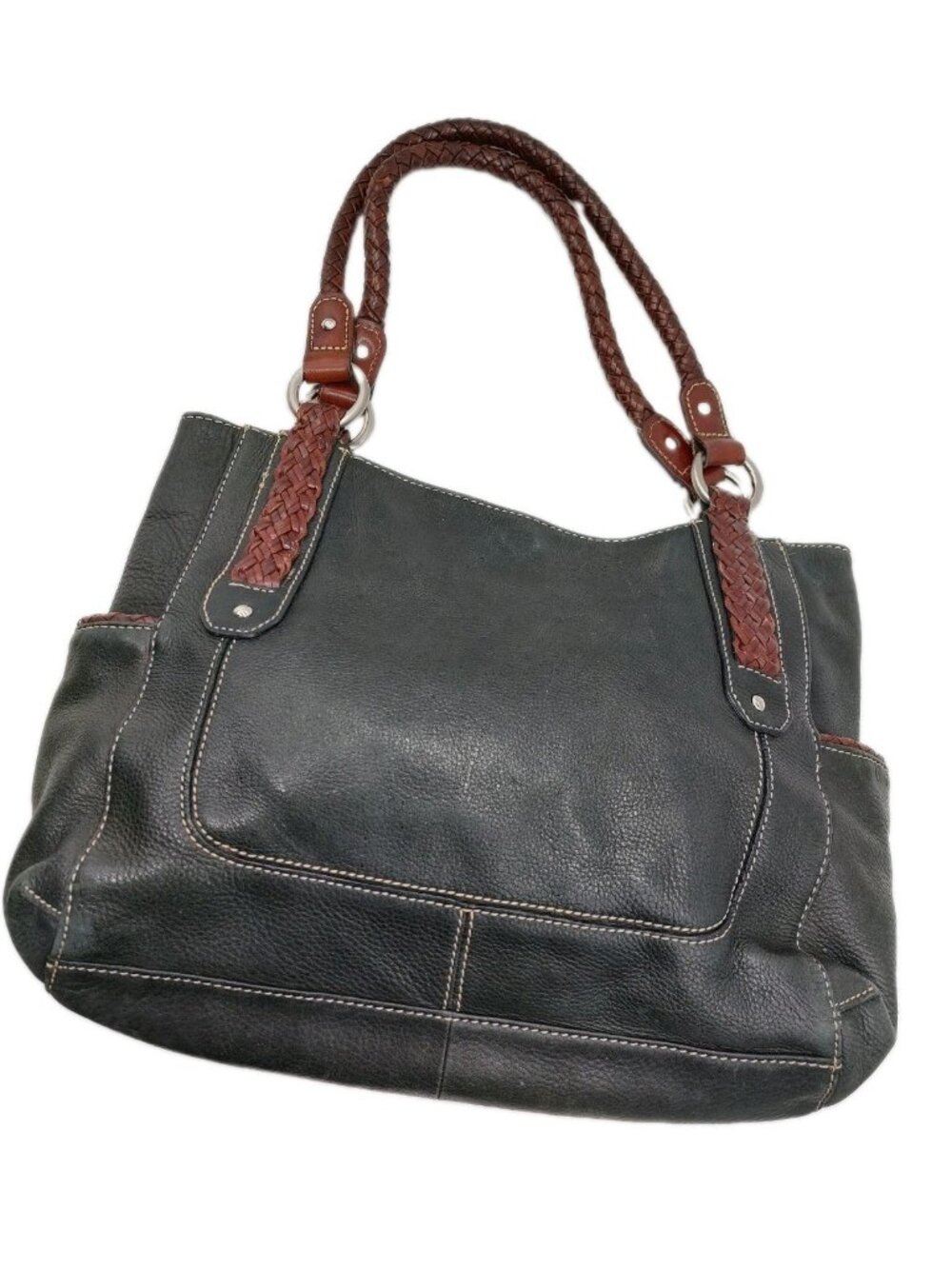 Fossil Black Pebble Leather with Brown Braided Double Handle Bag 75082 Read
